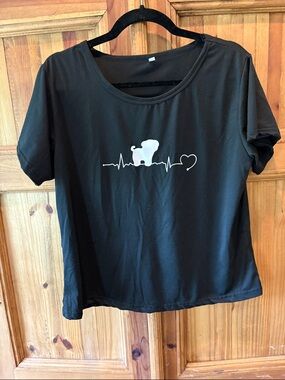 Black Tee with White Heartbeat & Dog Silhouette Graphic